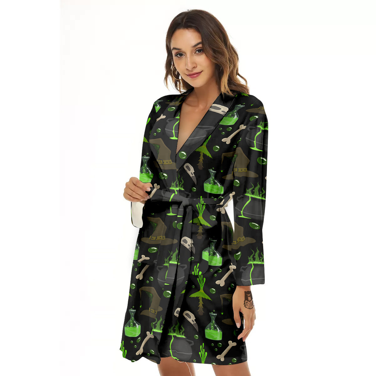 Halloween Green Poison Witch Print Pattern Women's Robe-grizzshop