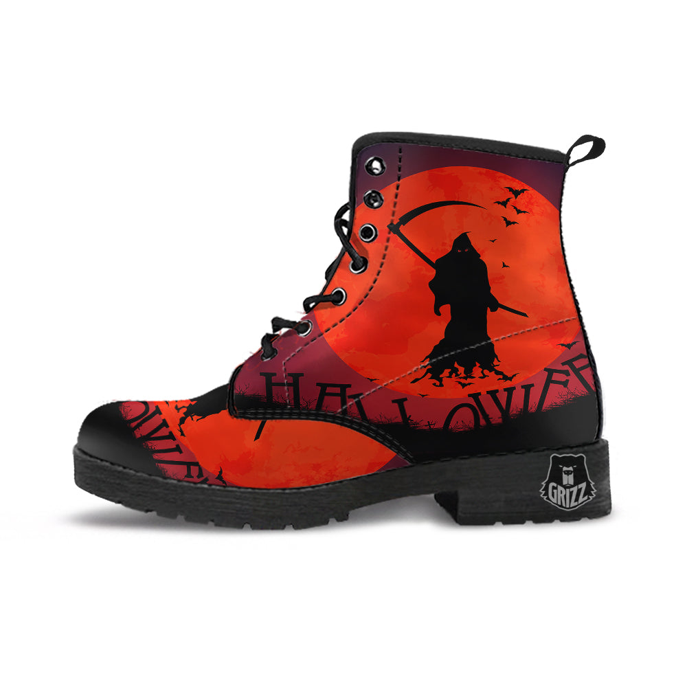Halloween Grim Reaper Print Leather Boots-grizzshop
