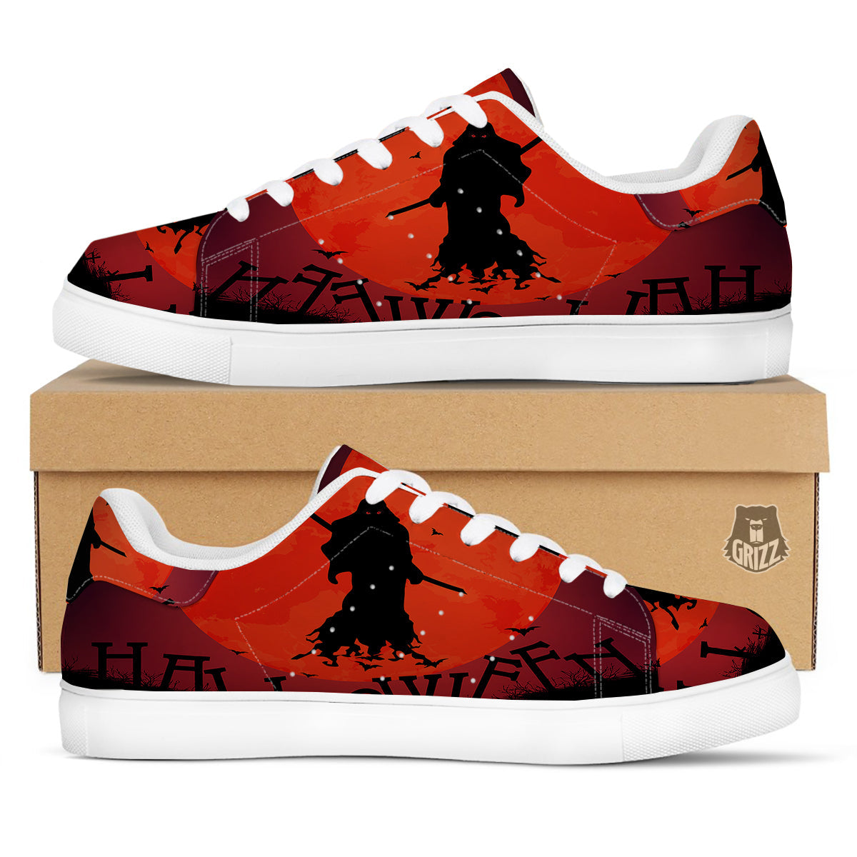 Halloween Grim Reaper Print White Low Top Sneakers-grizzshop