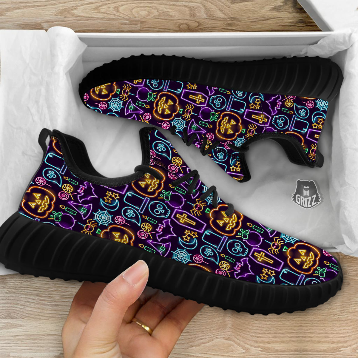 Halloween Neon Cute Print Pattern Black Walking Shoes-grizzshop