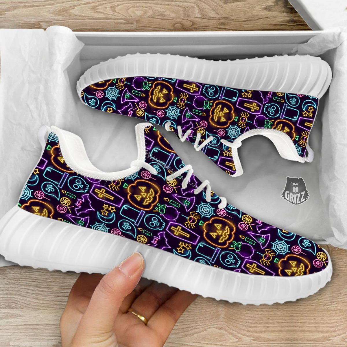 Halloween Neon Cute Print Pattern White Walking Shoes-grizzshop