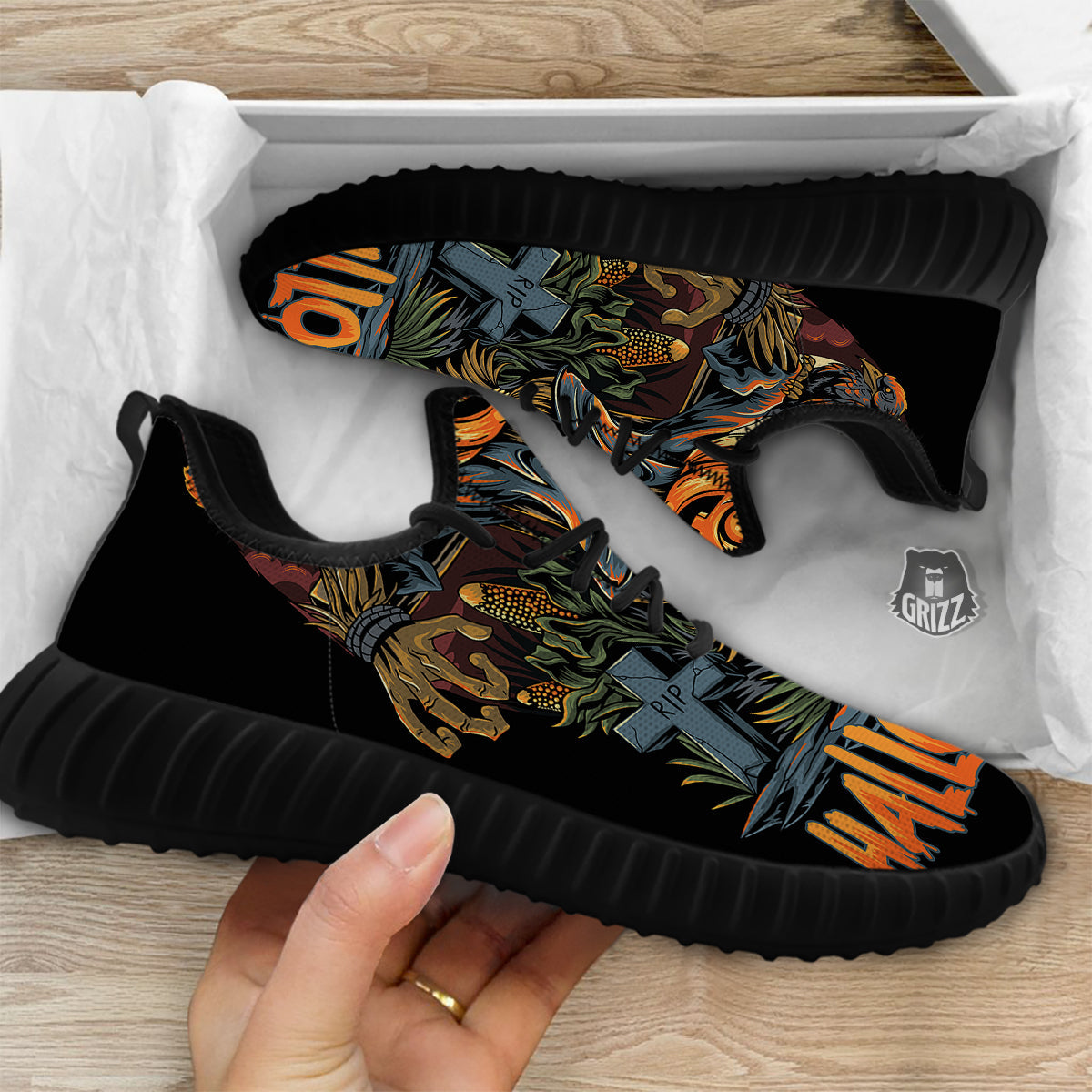 Halloween Scarecrow Print Black Walking Shoes-grizzshop