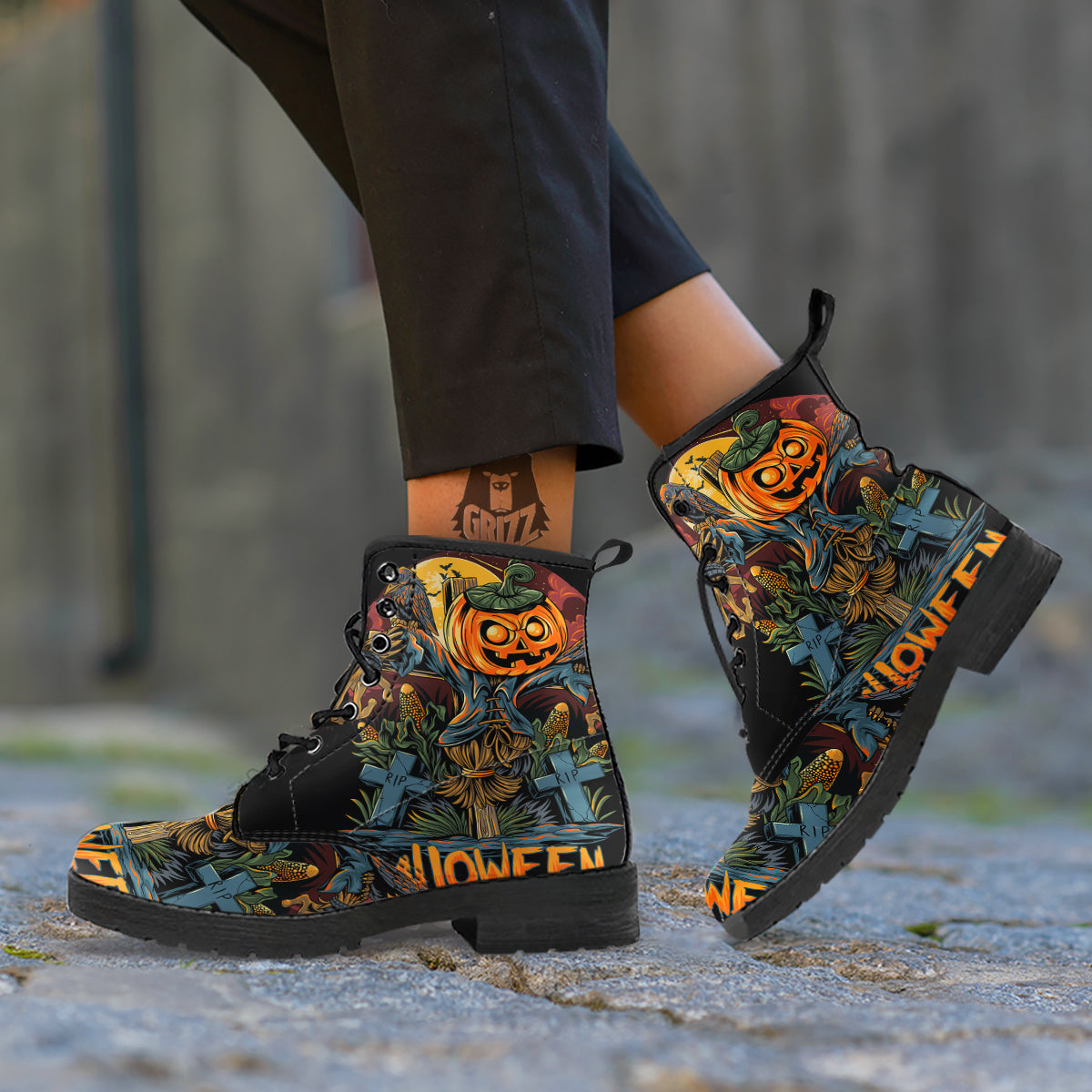 Halloween Scarecrow Print Leather Boots-grizzshop