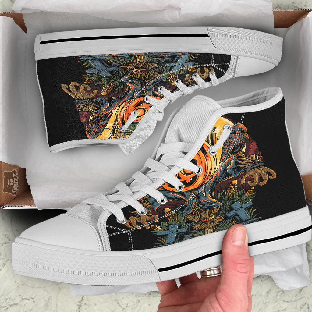 Halloween Scarecrow Print White High Top Shoes-grizzshop