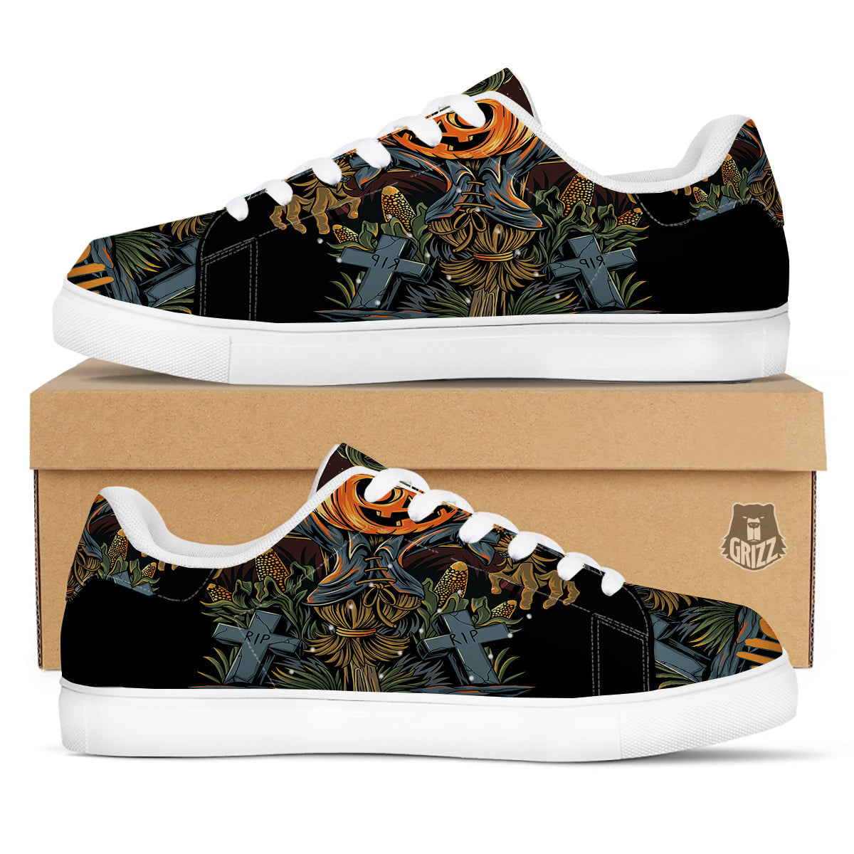 Halloween Scarecrow Print White Low Top Sneakers-grizzshop