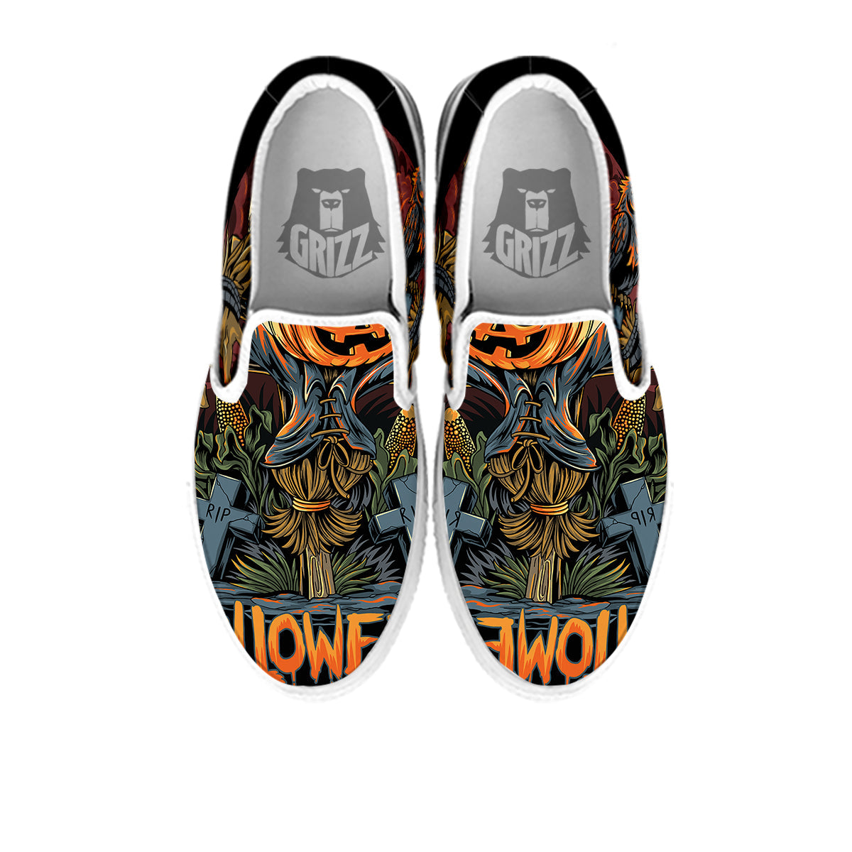 Halloween Scarecrow Print White Slip On Shoes-grizzshop