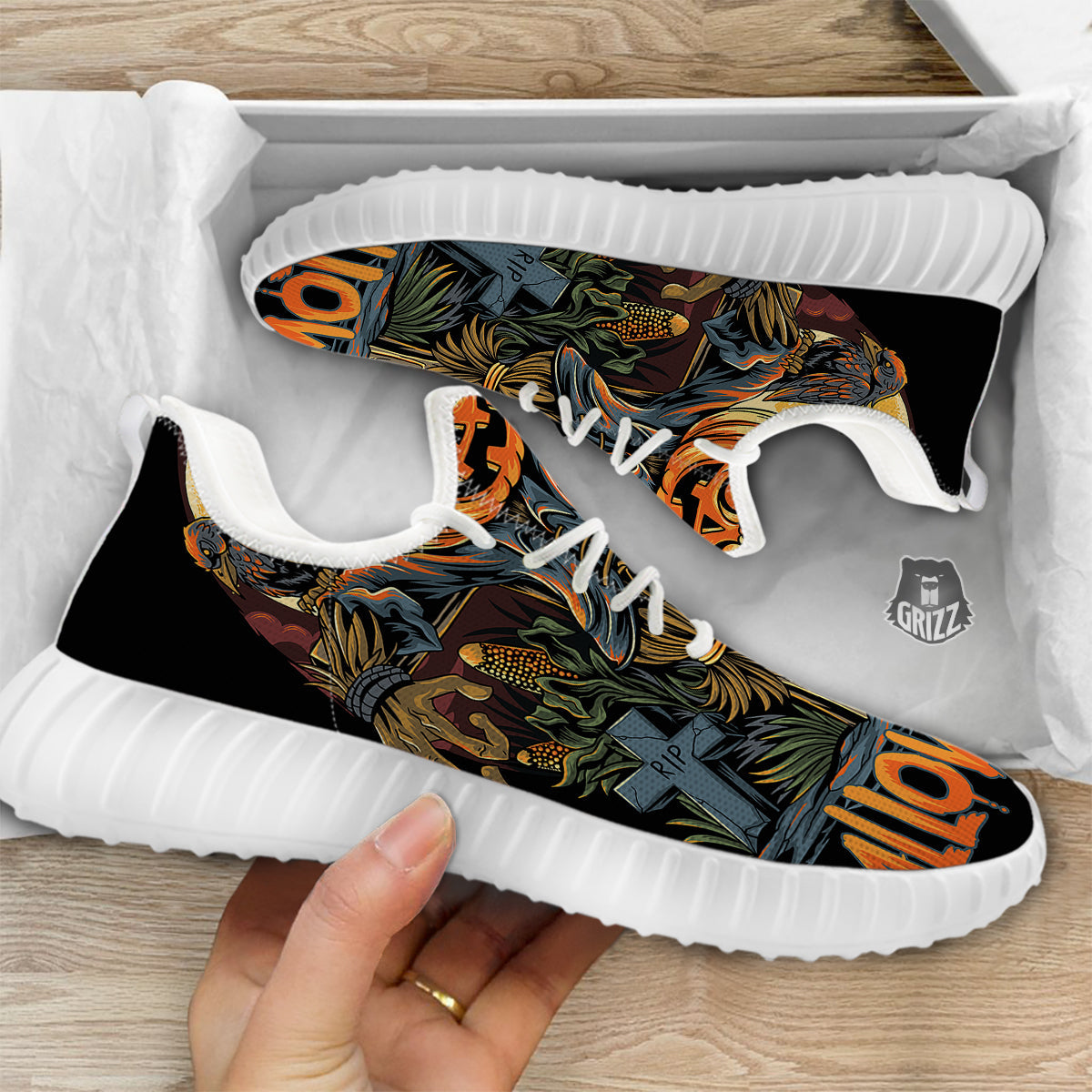Halloween Scarecrow Print White Walking Shoes-grizzshop