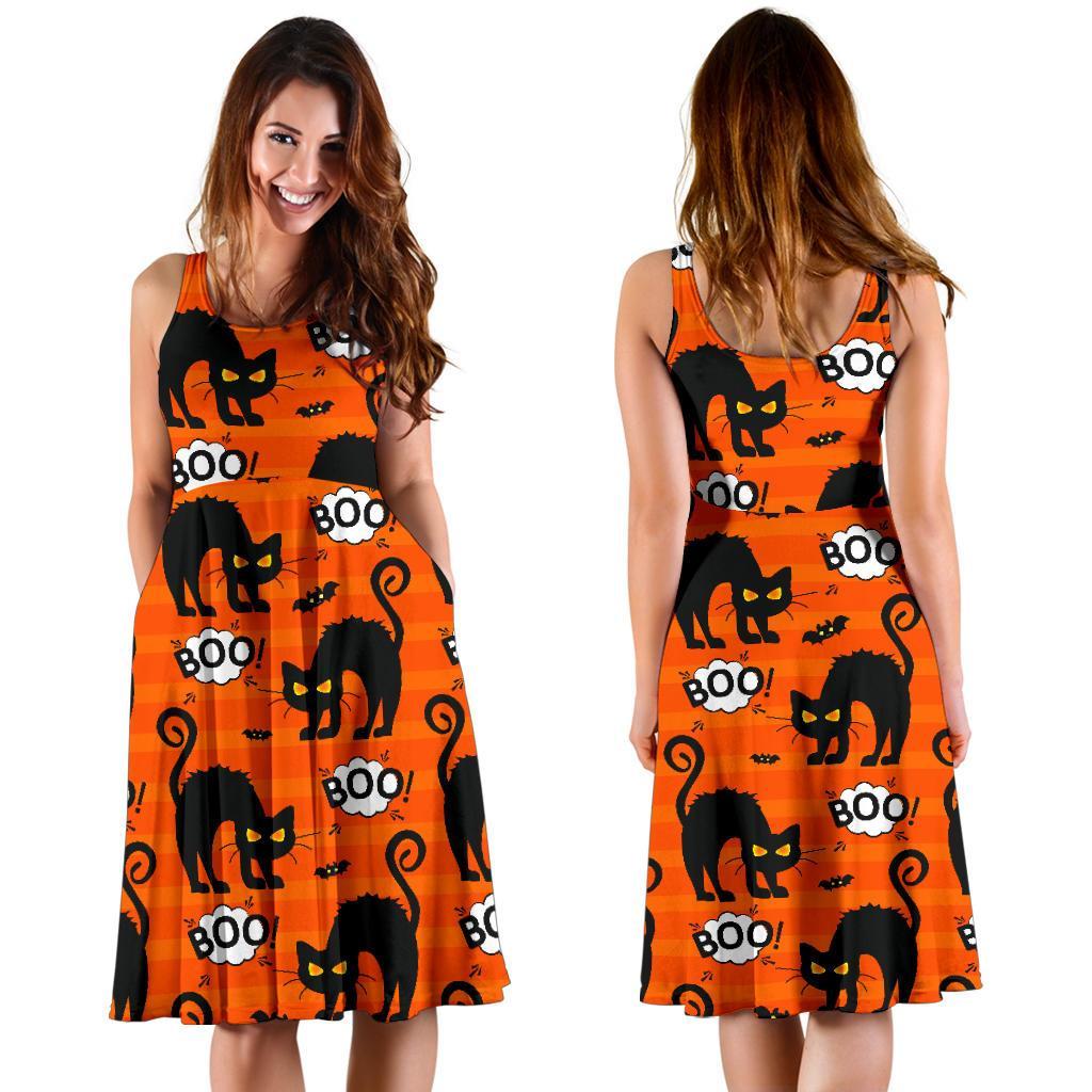 Halloween Black Cat Pattern Print Dress-grizzshop