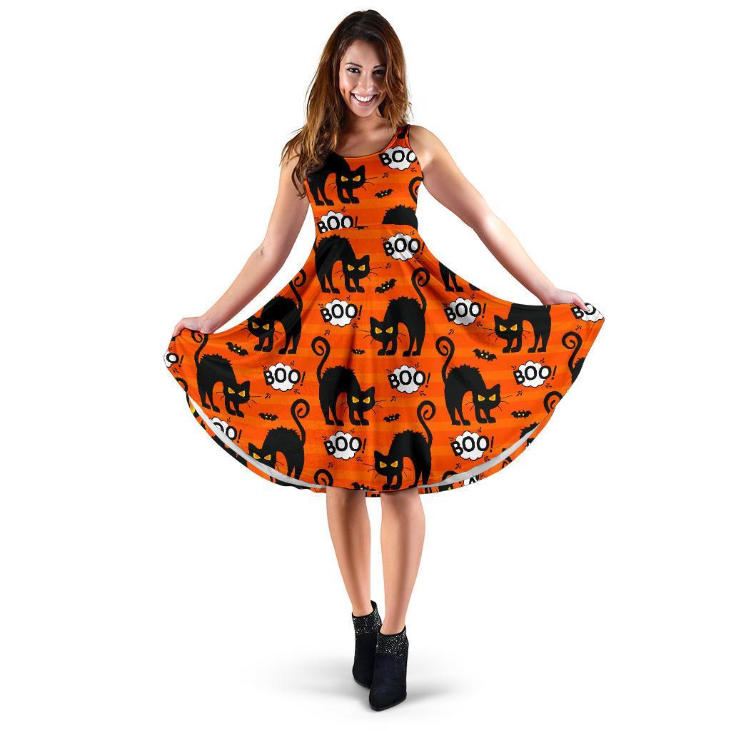 Halloween Black Cat Pattern Print Dress-grizzshop