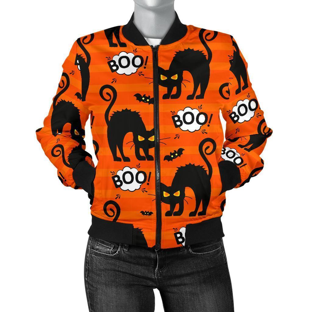 Halloween Black Cat Pattern Print Women Casual Bomber Jacket-grizzshop