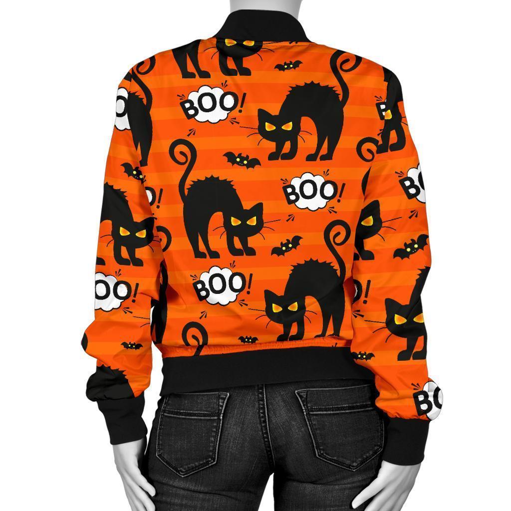 Halloween Black Cat Pattern Print Women Casual Bomber Jacket-grizzshop