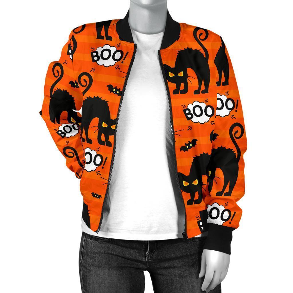 Halloween Black Cat Pattern Print Women Casual Bomber Jacket-grizzshop