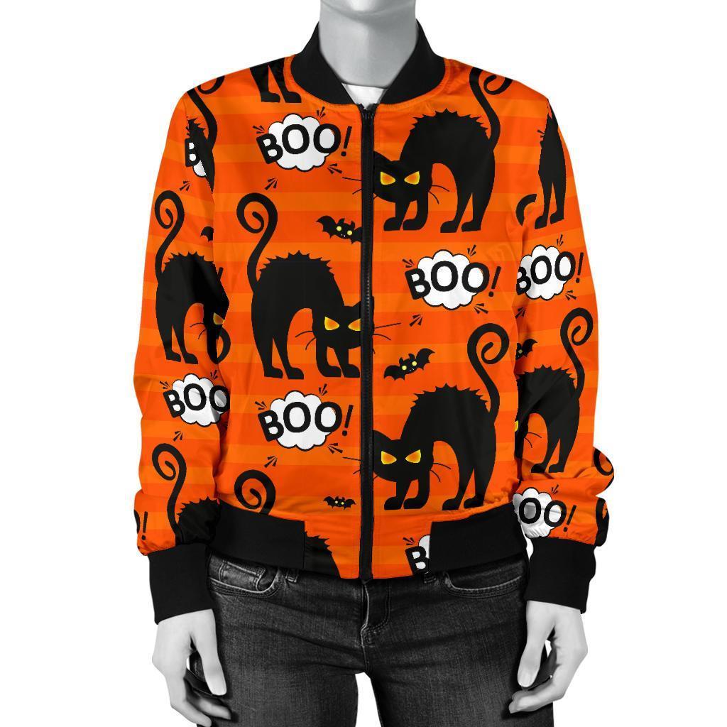Halloween Black Cat Pattern Print Women Casual Bomber Jacket-grizzshop