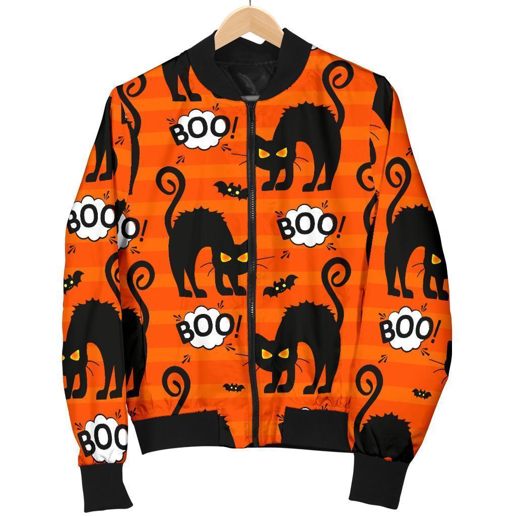Halloween Black Cat Pattern Print Women Casual Bomber Jacket-grizzshop