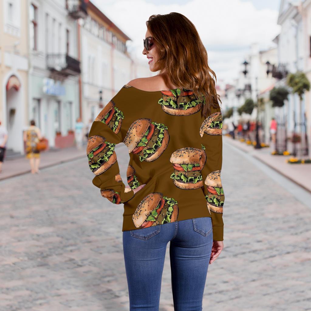 Hamburger Brown Pattern Print Women Off Shoulder Sweatshirt-grizzshop