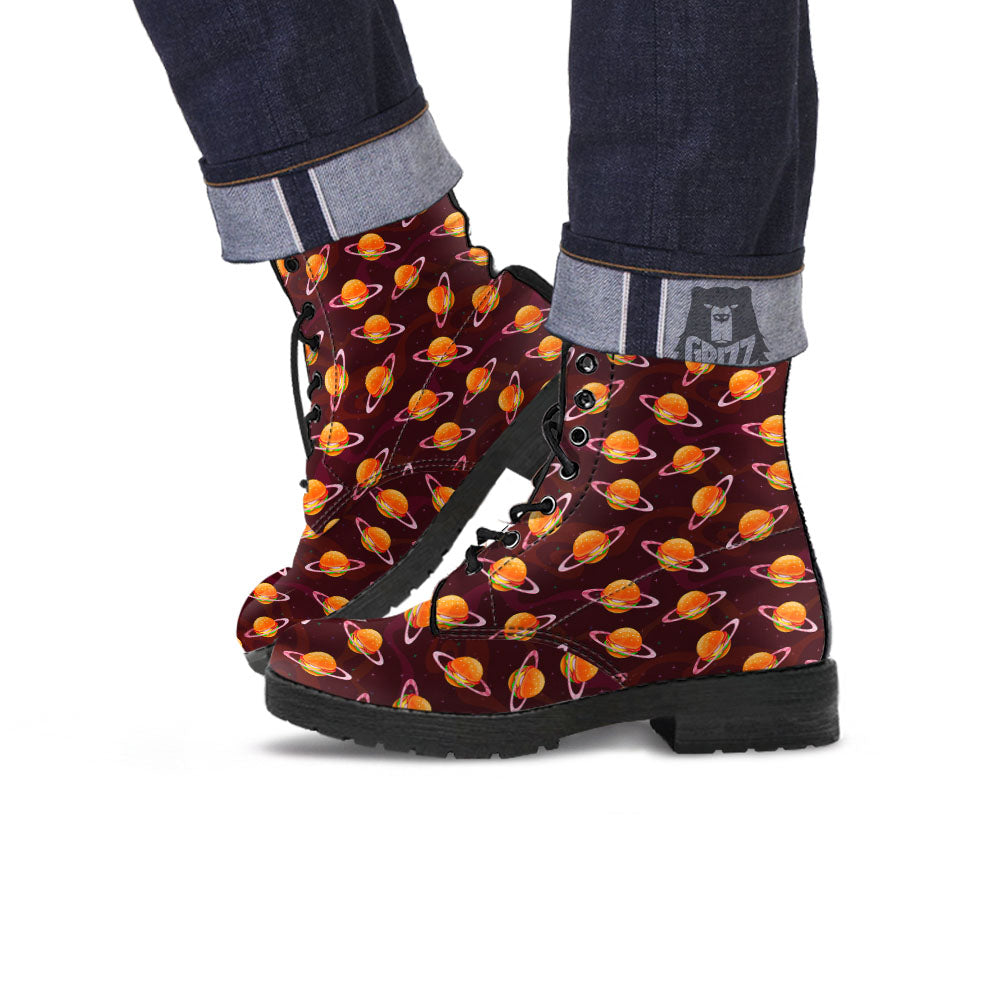 Hamburger Planet Print Pattern Leather Boots-grizzshop