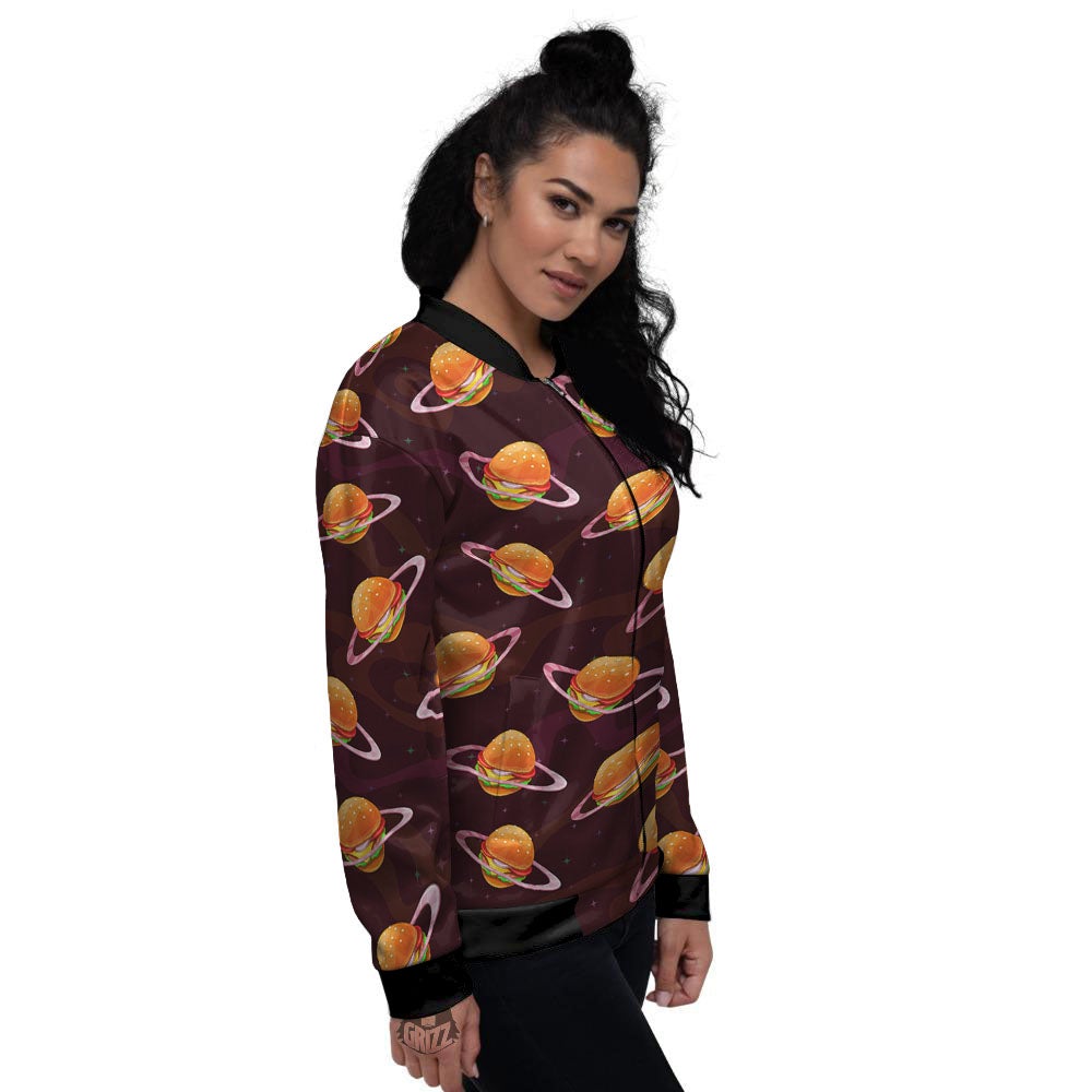 Hamburger Planet Print Pattern Women's Bomber Jacket-grizzshop