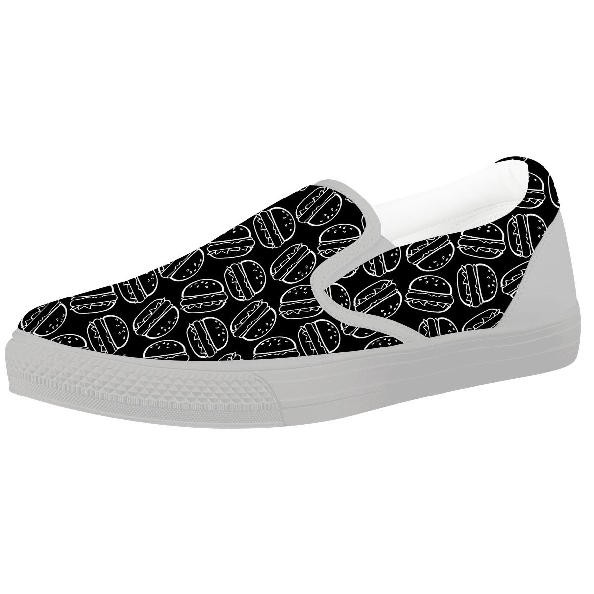 Hamburger White And Black Print White Slip On Shoes-grizzshop