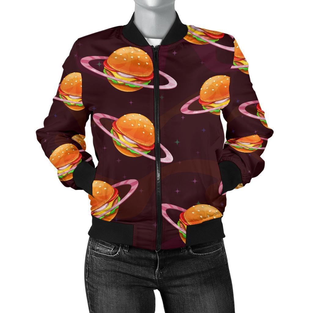 Hamburger Planet Pattern Print Women Casual Bomber Jacket-grizzshop