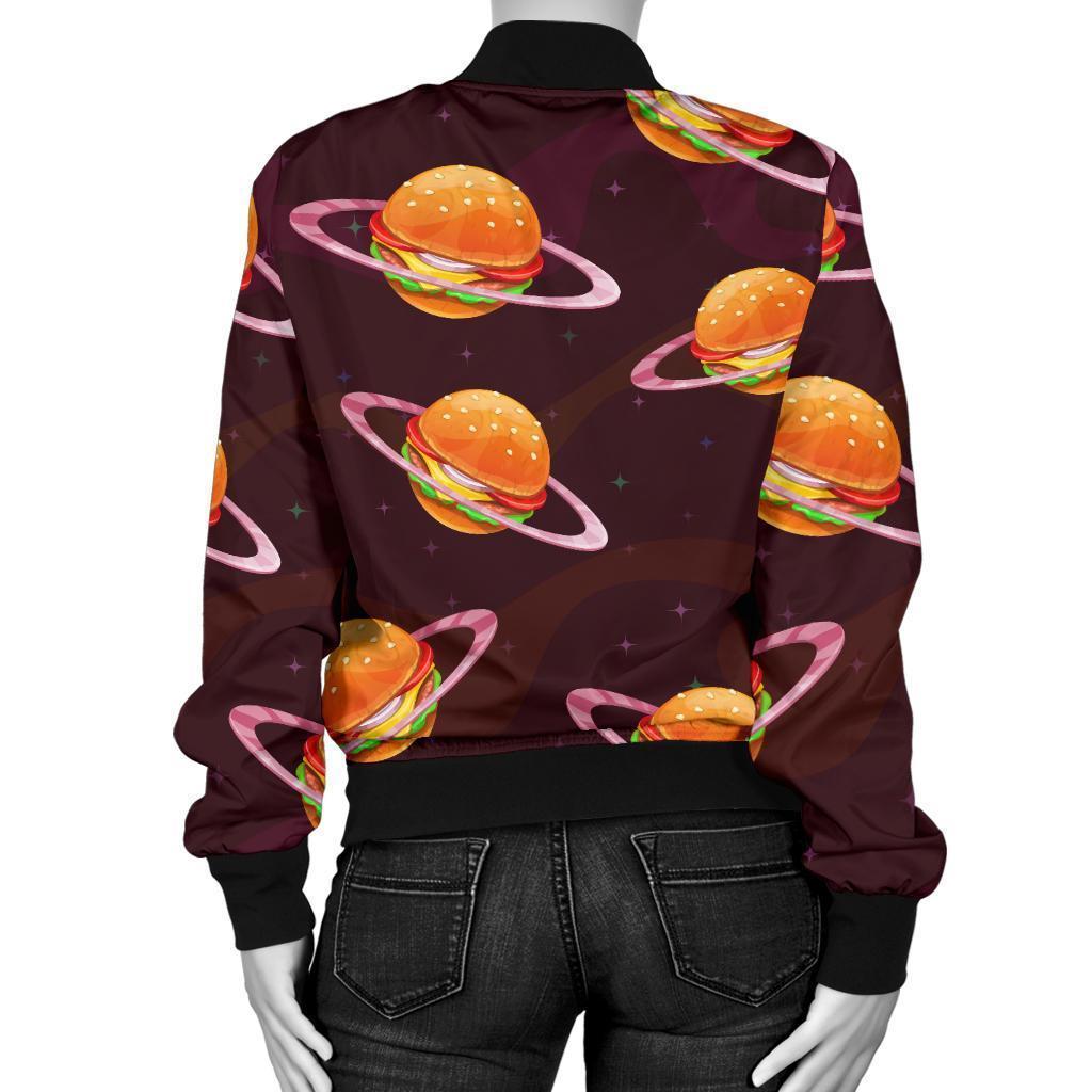 Hamburger Planet Pattern Print Women Casual Bomber Jacket-grizzshop