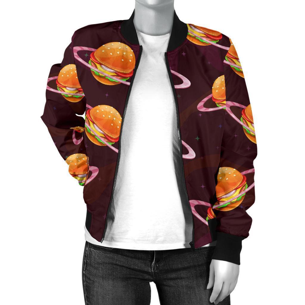 Hamburger Planet Pattern Print Women Casual Bomber Jacket-grizzshop