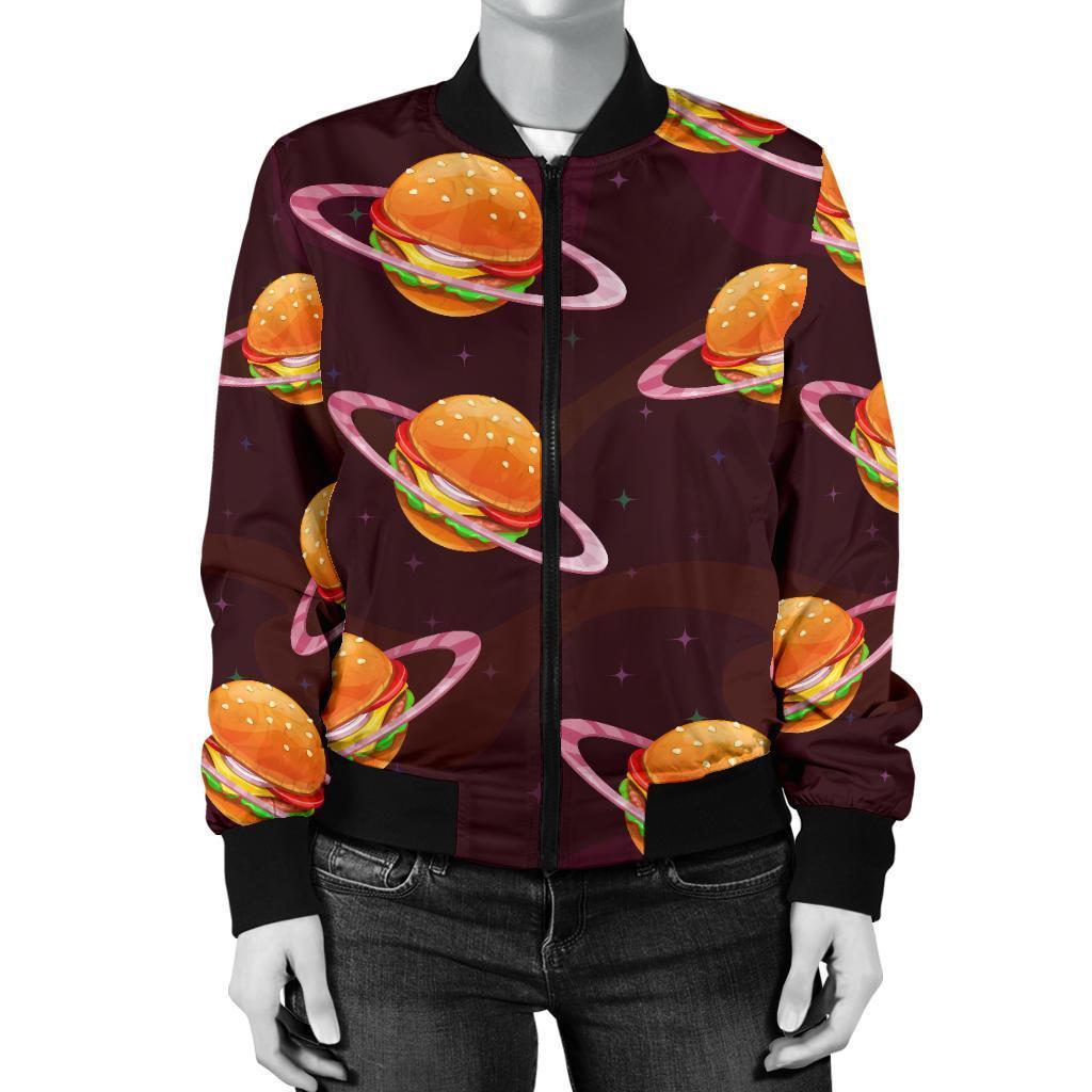 Hamburger Planet Pattern Print Women Casual Bomber Jacket-grizzshop