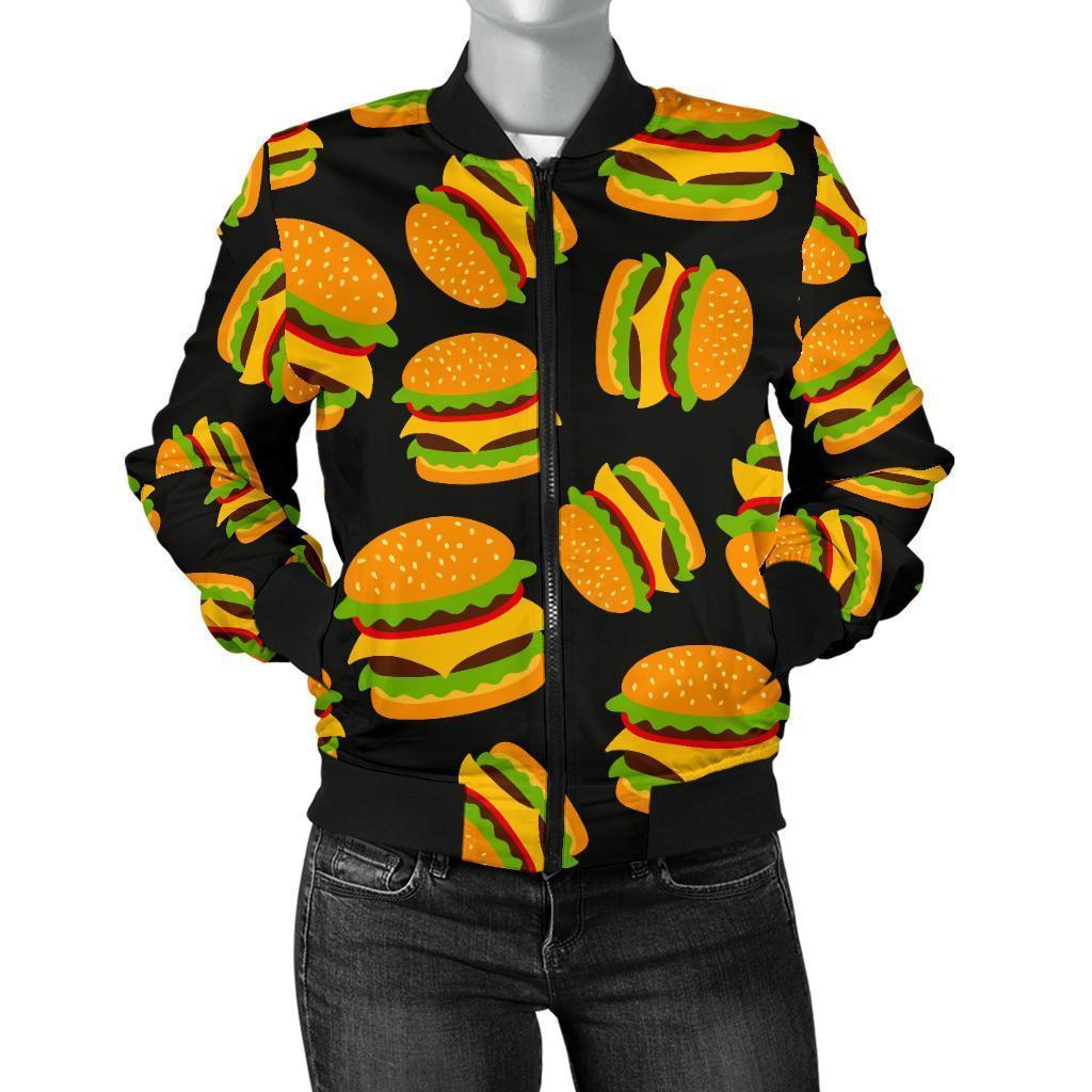 Hamburger Print Pattern Women Casual Bomber Jacket-grizzshop