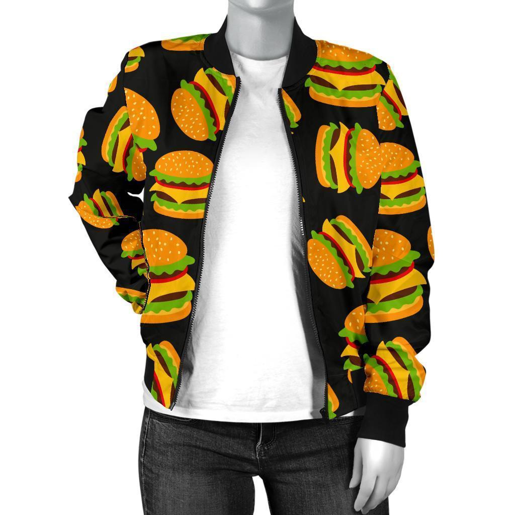 Hamburger Print Pattern Women Casual Bomber Jacket-grizzshop