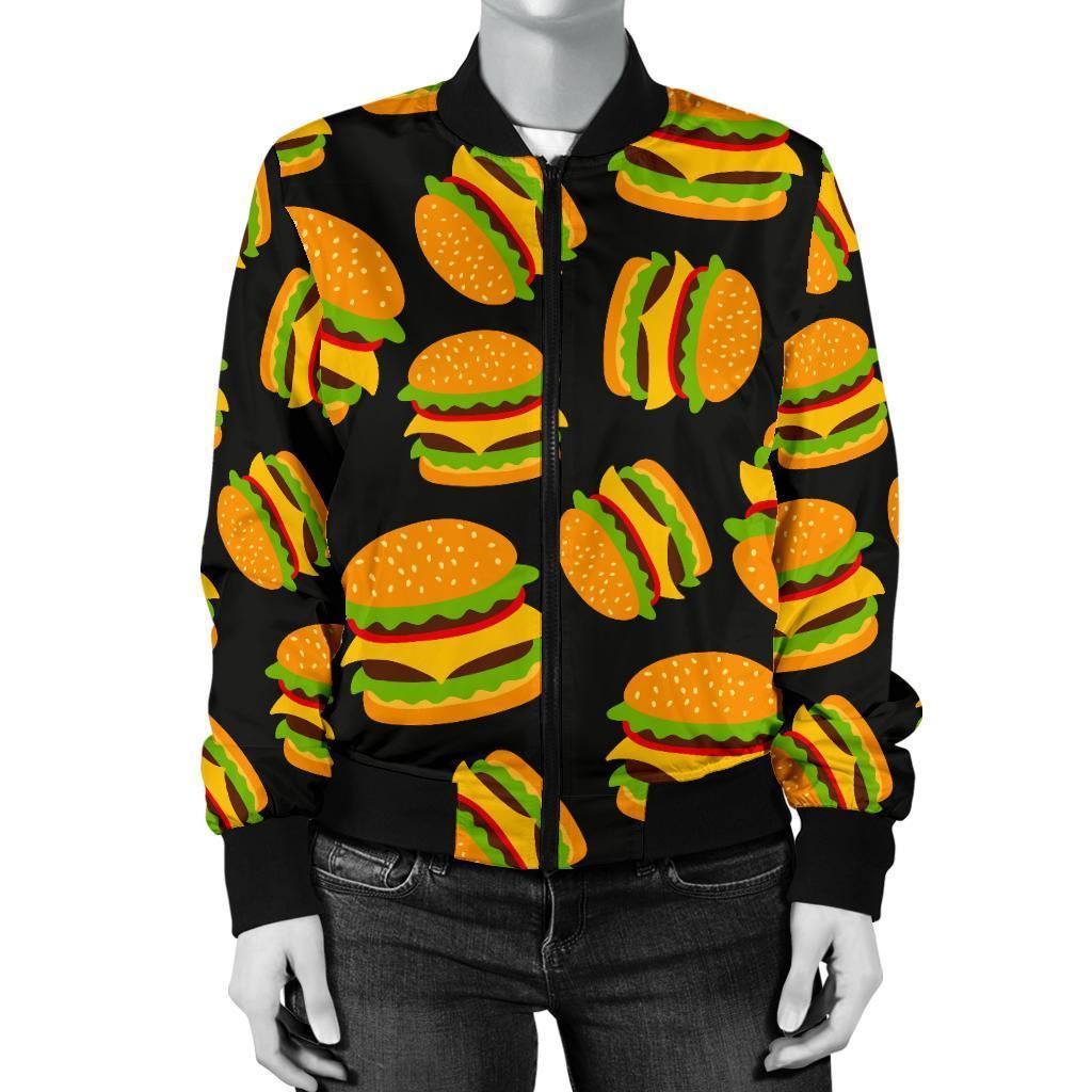 Hamburger Print Pattern Women Casual Bomber Jacket-grizzshop