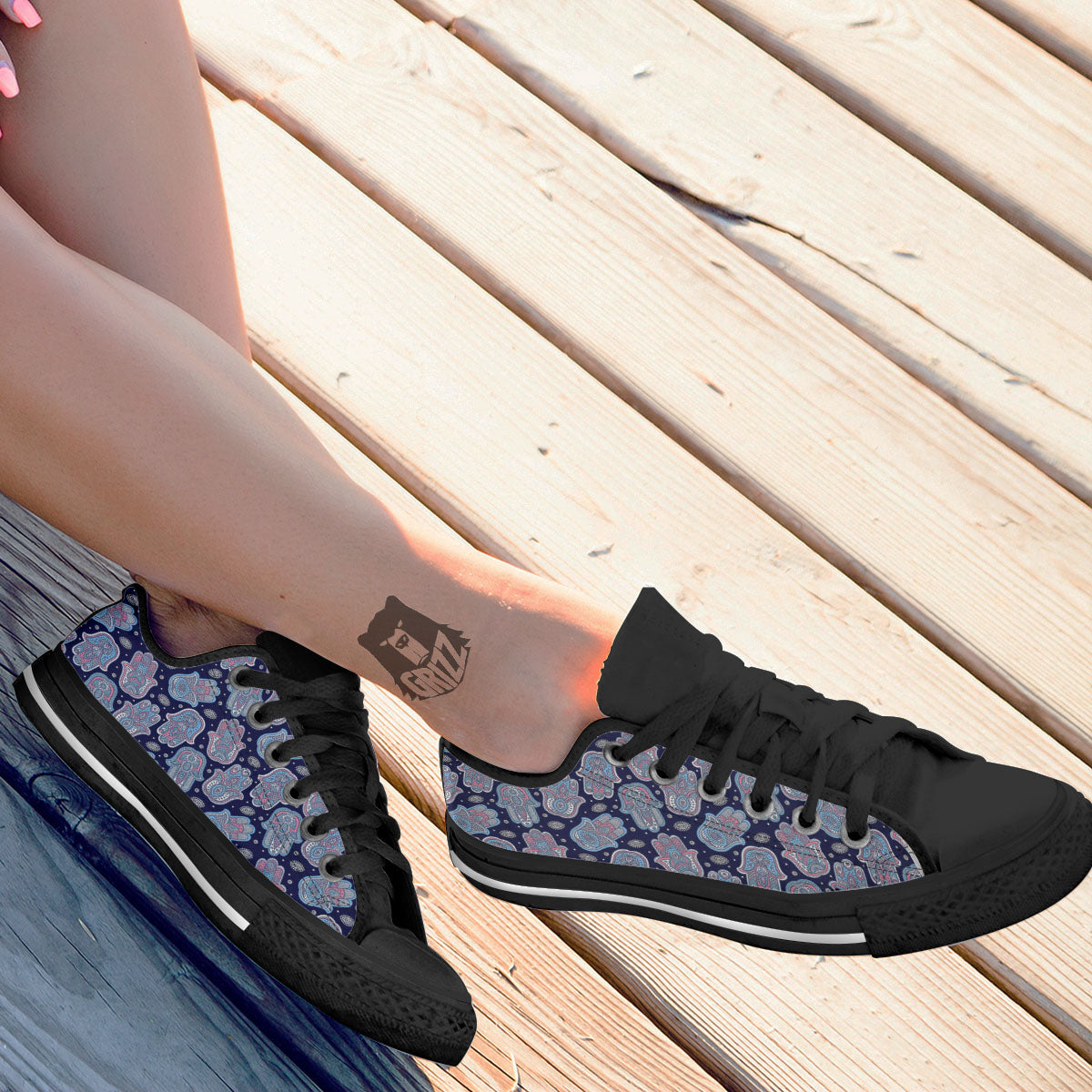 Hamsa Boho Print Pattern Black Low Top Shoes-grizzshop