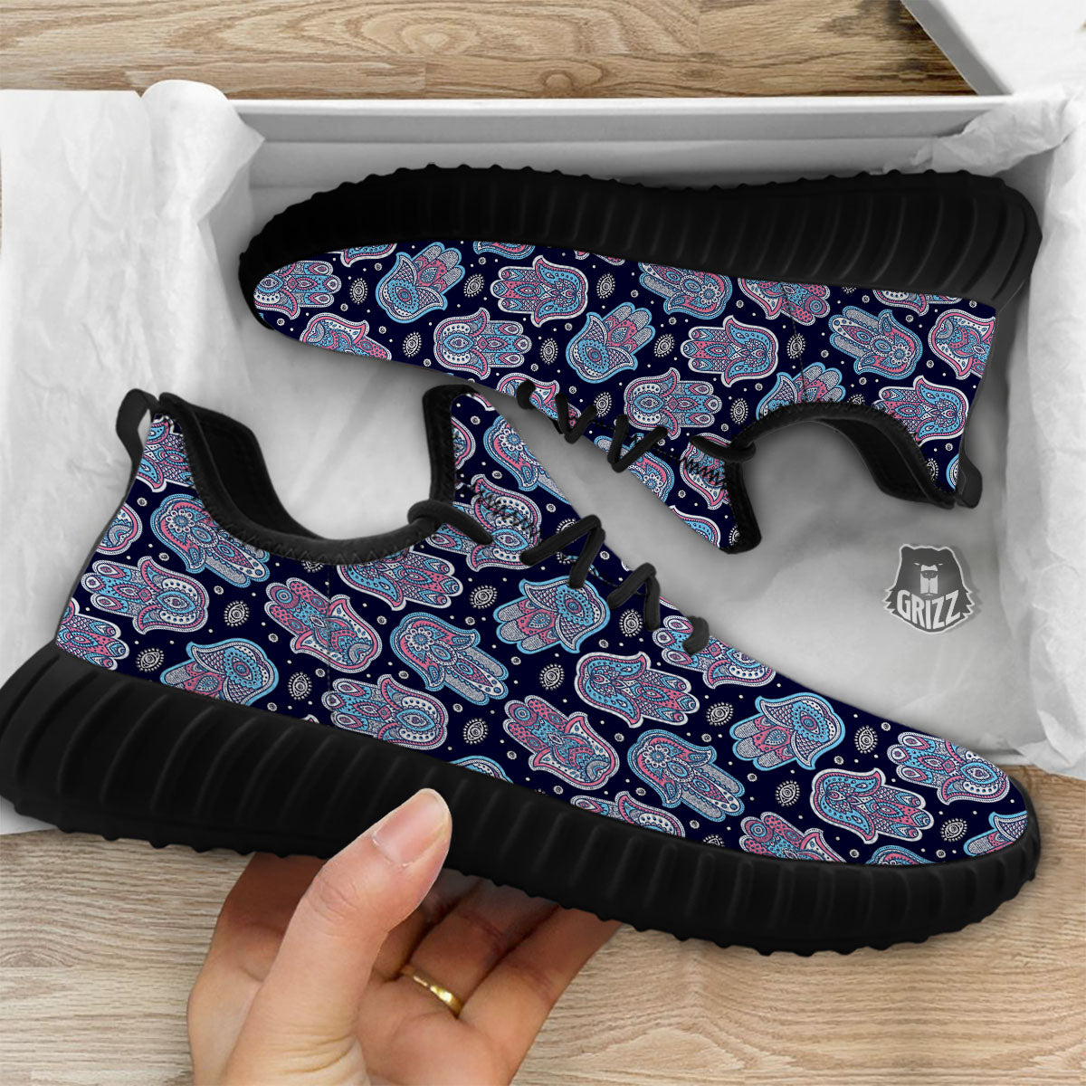 Hamsa Boho Print Pattern Black Walking Shoes-grizzshop