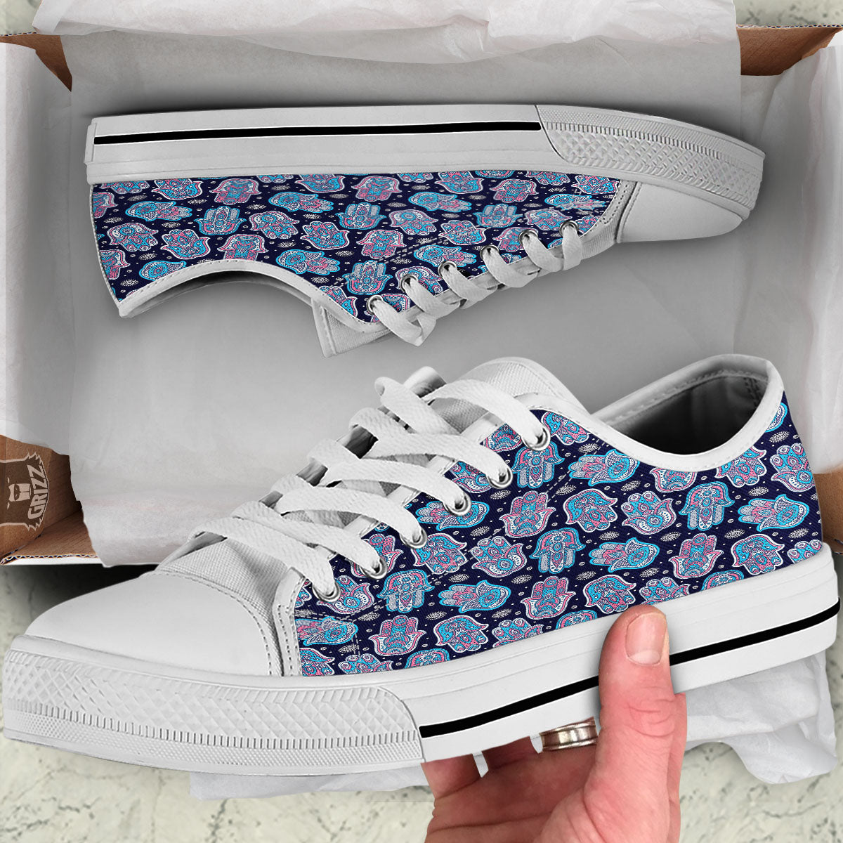 Hamsa Boho Print Pattern White Low Top Shoes-grizzshop