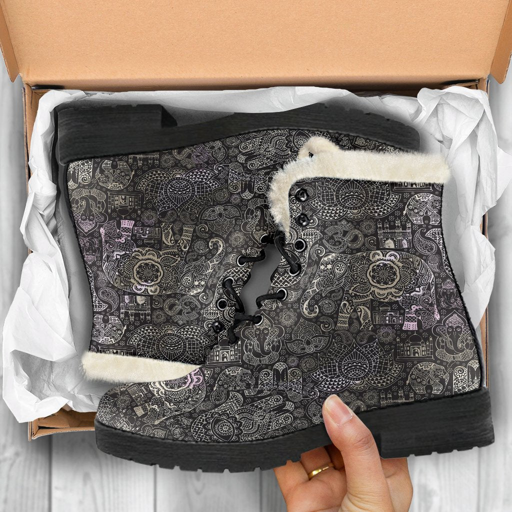 Hamsa Elephant Mandala Print Comfy Winter Boots-grizzshop