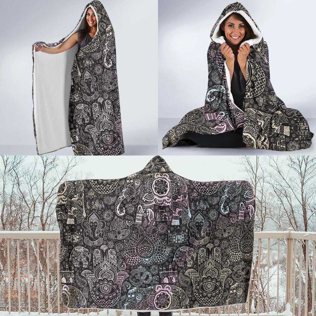 Hamsa Elephant Mandala Print Hooded Blanket-grizzshop