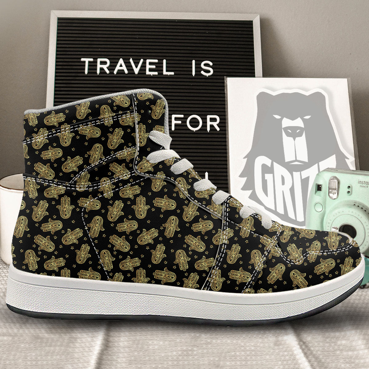 Hamsa Gold Print Pattern High Top Sneakers-grizzshop