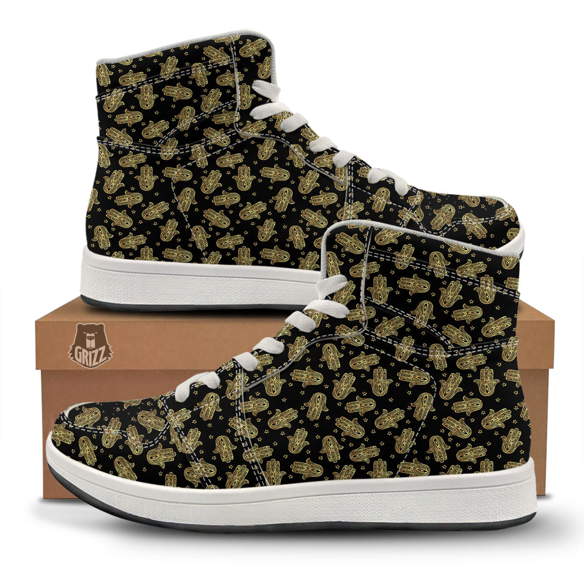 Hamsa Gold Print Pattern High Top Sneakers-grizzshop