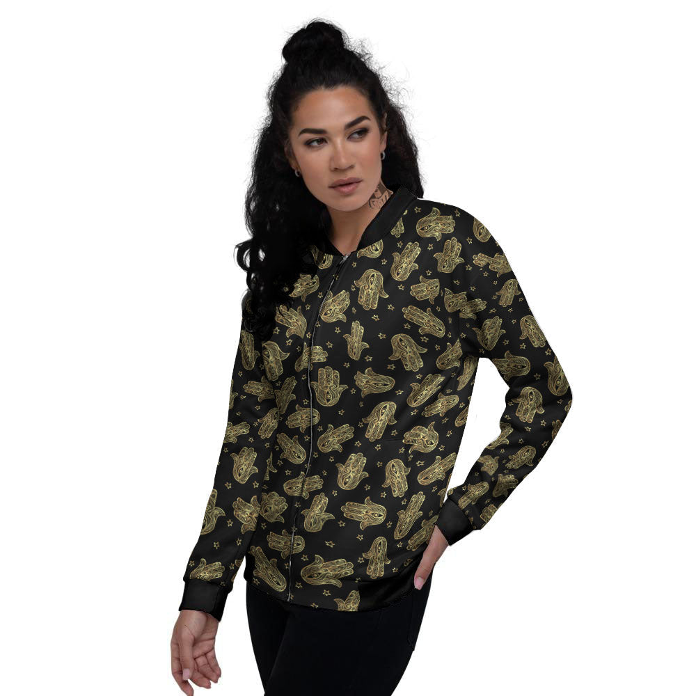 Hamsa Gold Print Pattern Women's Bomber Jacket-grizzshop