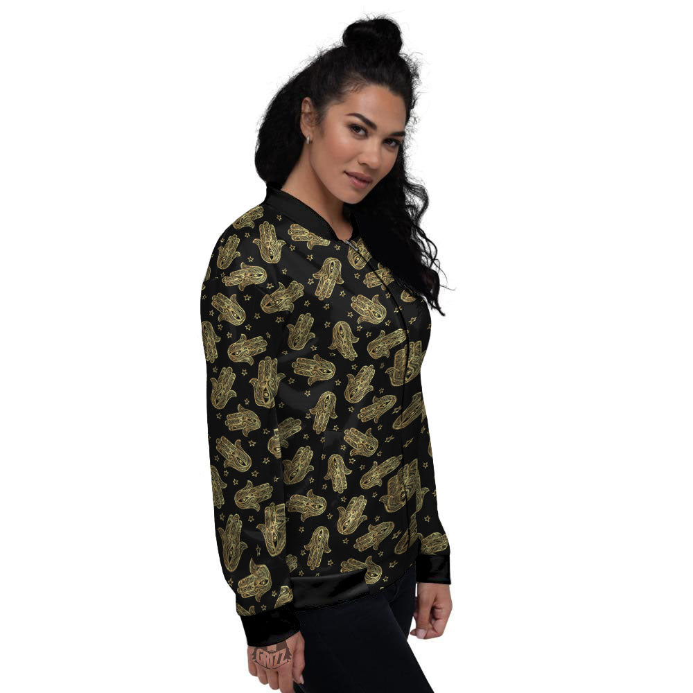 Hamsa Gold Print Pattern Women's Bomber Jacket-grizzshop