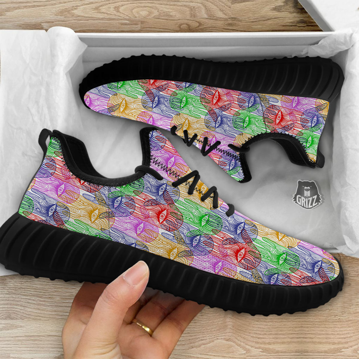 Hamsa Hand Colorful Print Black Walking Shoes-grizzshop