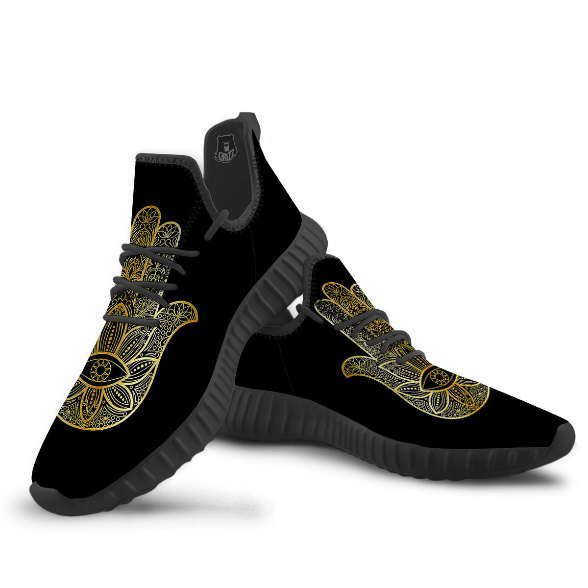 Hamsa Hand Gold Print Black Walking Shoes-grizzshop