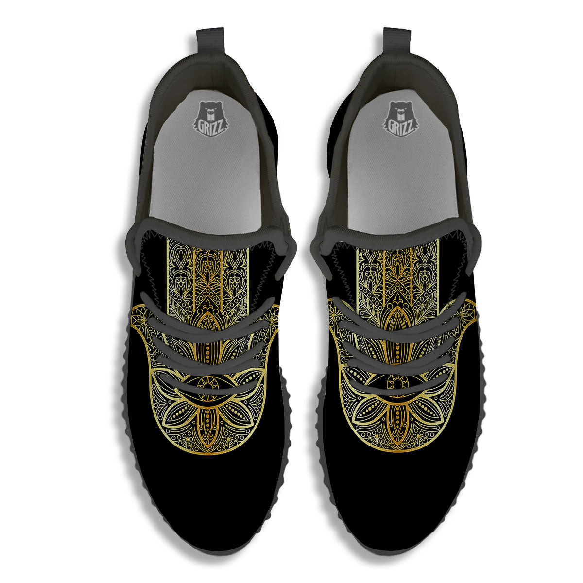 Hamsa Hand Gold Print Black Walking Shoes-grizzshop