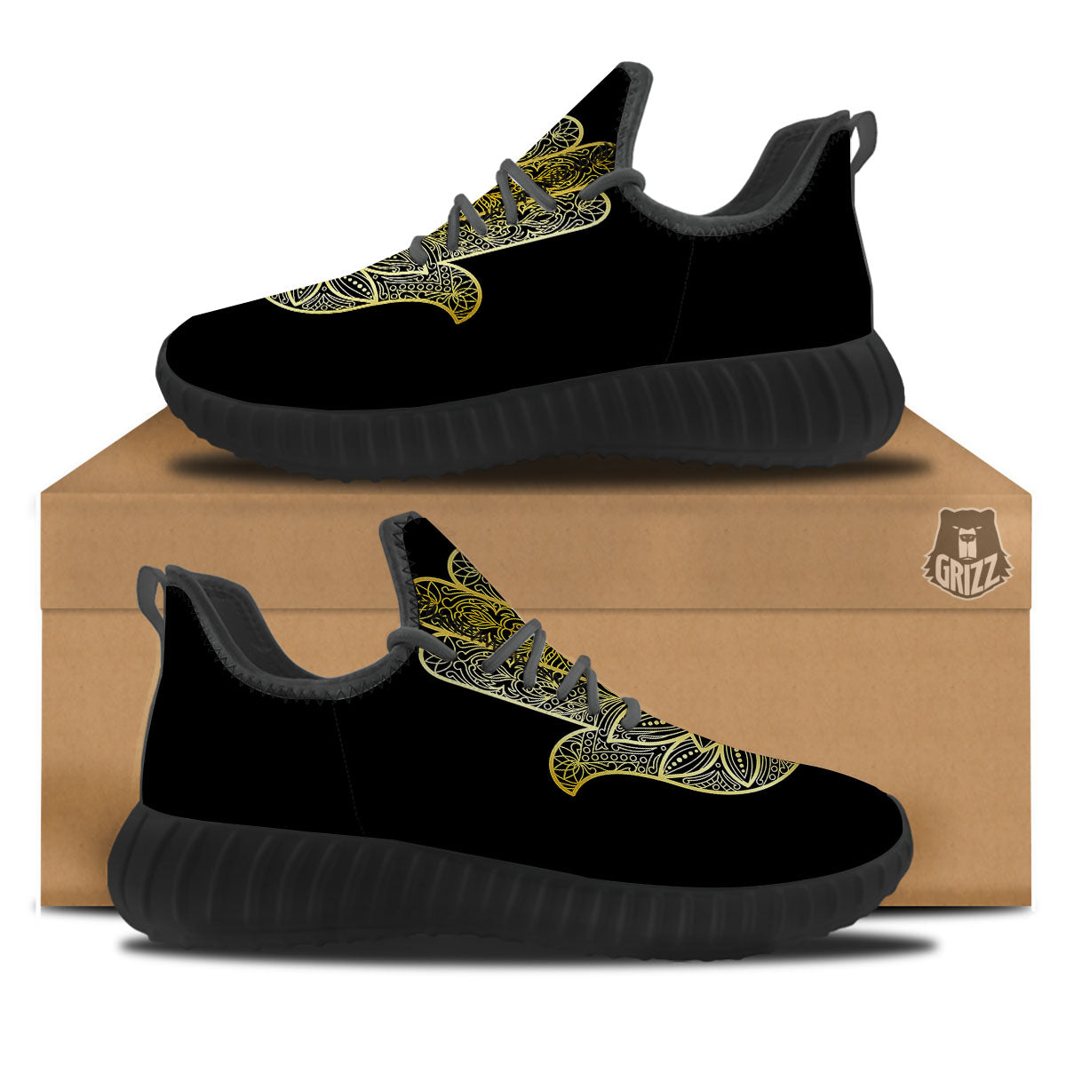 Hamsa Hand Gold Print Black Walking Shoes-grizzshop