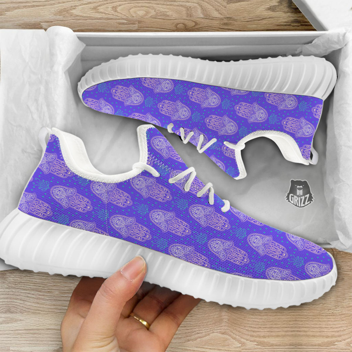 Hamsa Indian Print Pattern White Walking Shoes-grizzshop