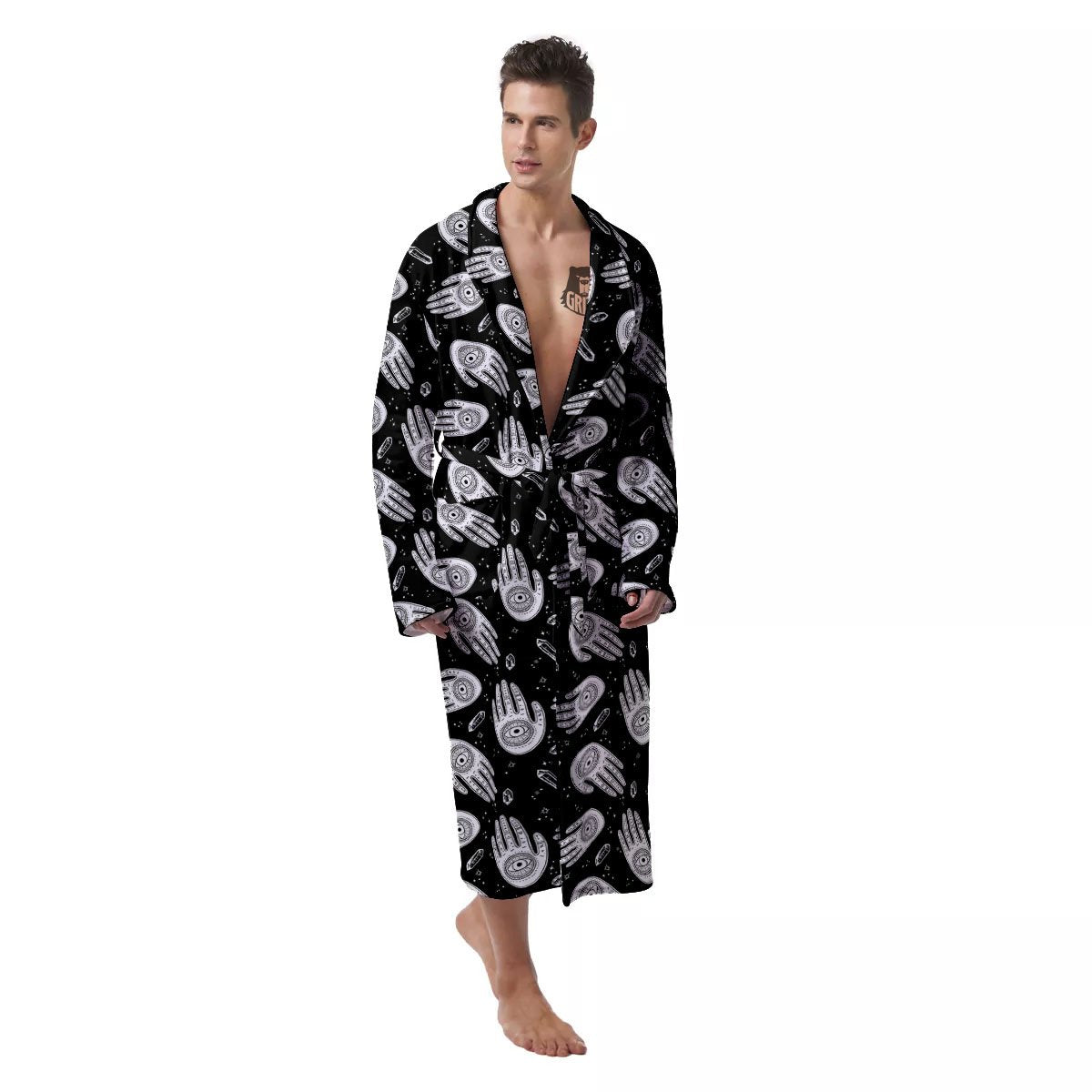 Hamsa Symbol Print Pattern Men's Robe-grizzshop
