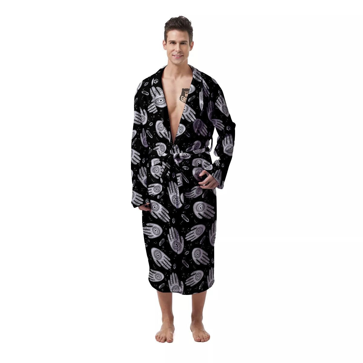 Hamsa Symbol Print Pattern Men's Robe-grizzshop