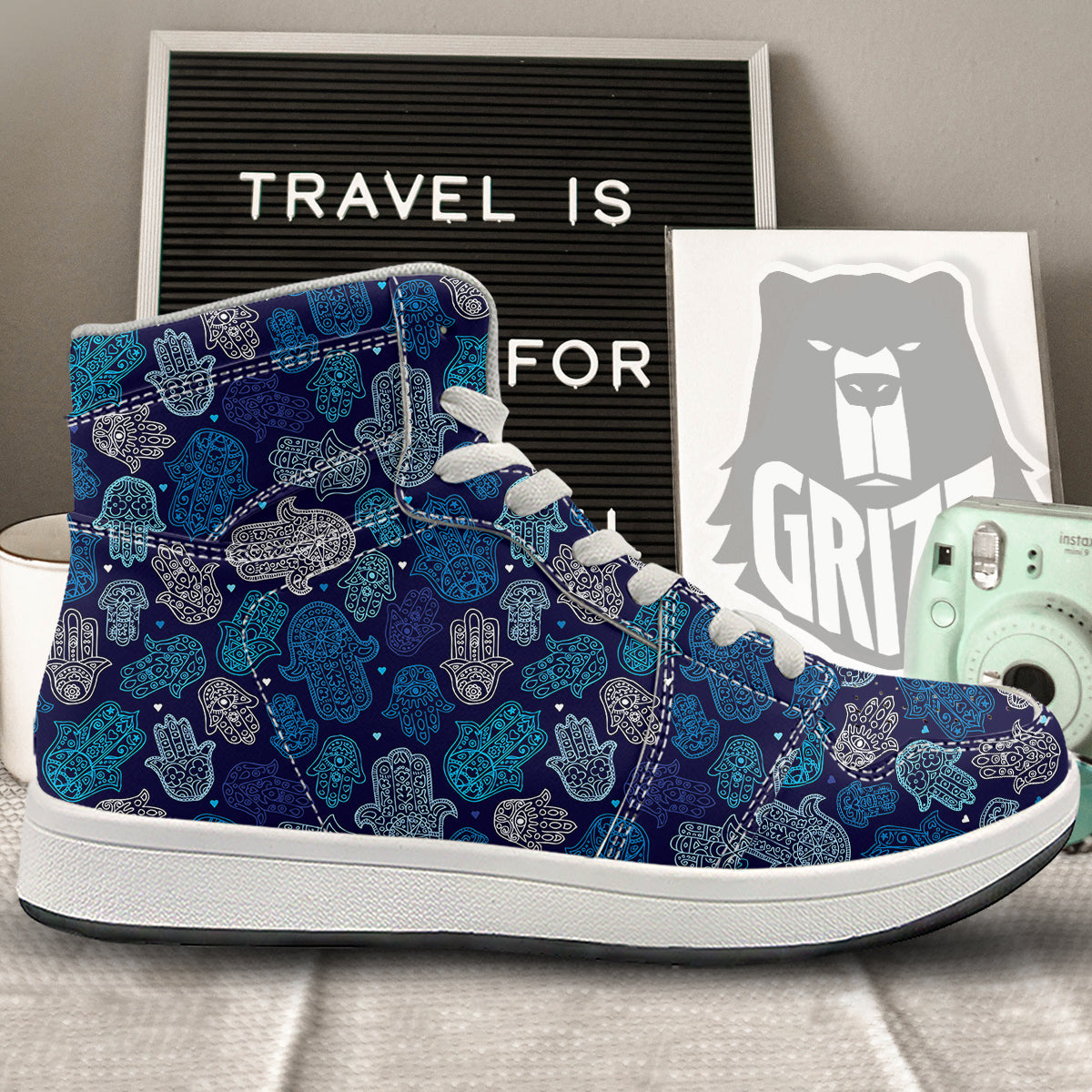 Hamsa Turquoise Print Pattern High Top Sneakers-grizzshop