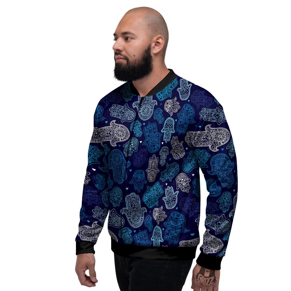 Hamsa Turquoise Print Pattern Men's Bomber Jacket-grizzshop