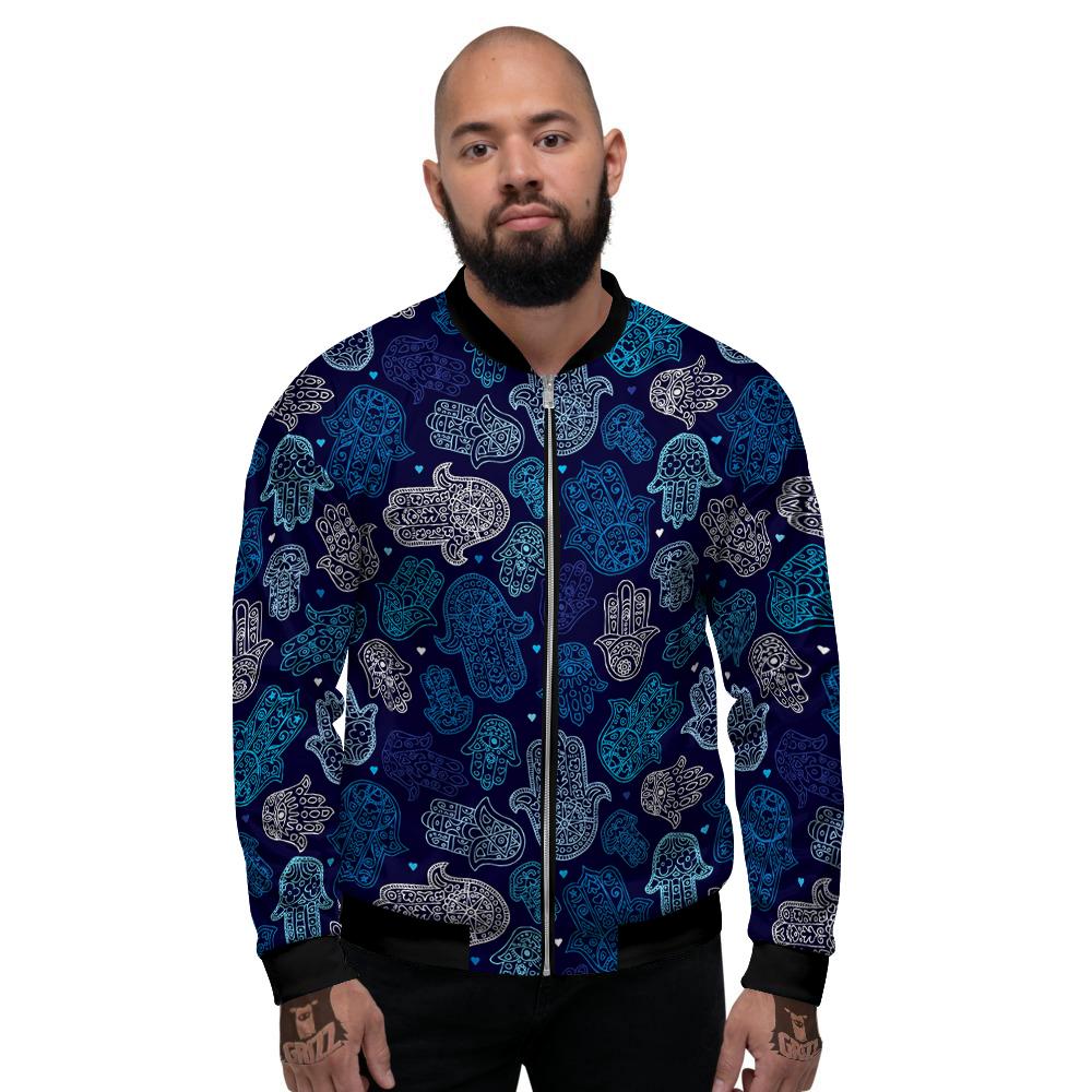 Hamsa Turquoise Print Pattern Men's Bomber Jacket-grizzshop
