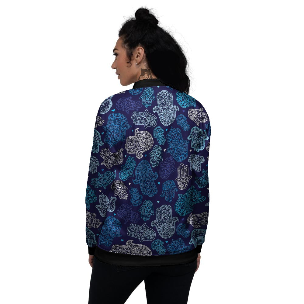 Hamsa Turquoise Print Pattern Women's Bomber Jacket-grizzshop
