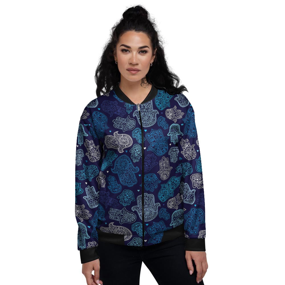Hamsa Turquoise Print Pattern Women's Bomber Jacket-grizzshop